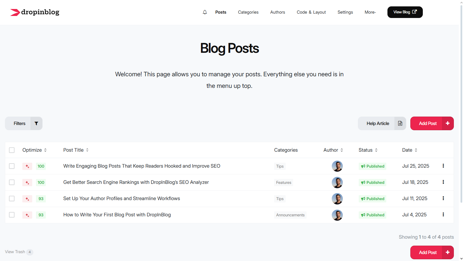 DropInBlog admin dashboard showing a list of published blog posts with SEO scores, categories, authors, and dates.
