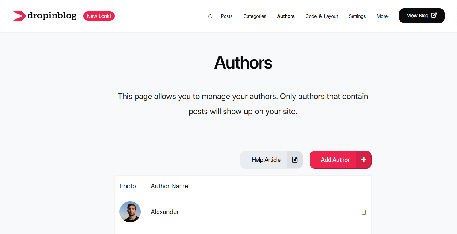 DropInBlog Authors page showing a list of author profiles, with one author named Alexander and an option to add more.