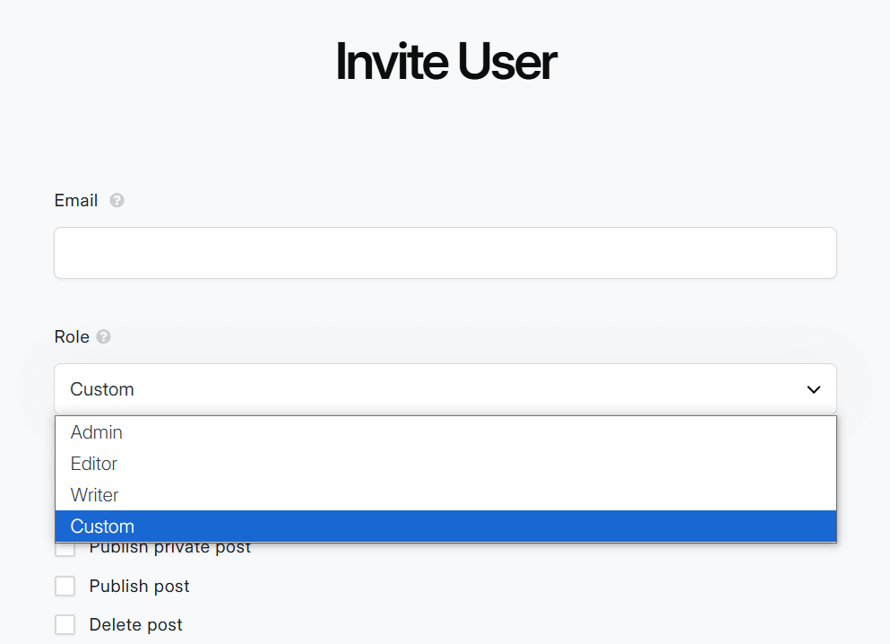 DropInBlog “Invite User” screen with a role selection dropdown showing options for Admin, Editor, Writer, and Custom.
