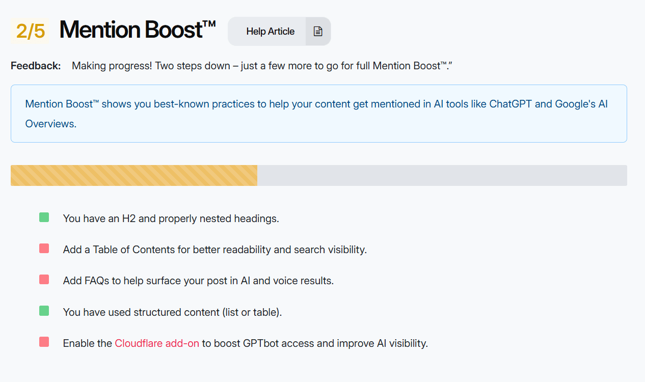 DropInBlog Mention Boost panel showing 2 out of 5 optimizations completed, with feedback on headings, table of contents, FAQs, structured content, and Cloudflare add-on.