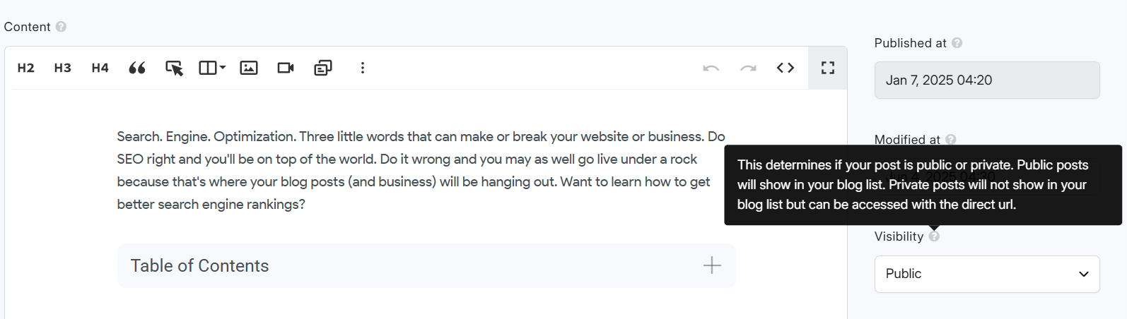 DropInBlog post editor showing the content field, formatting toolbar, visibility settings, and publish date.