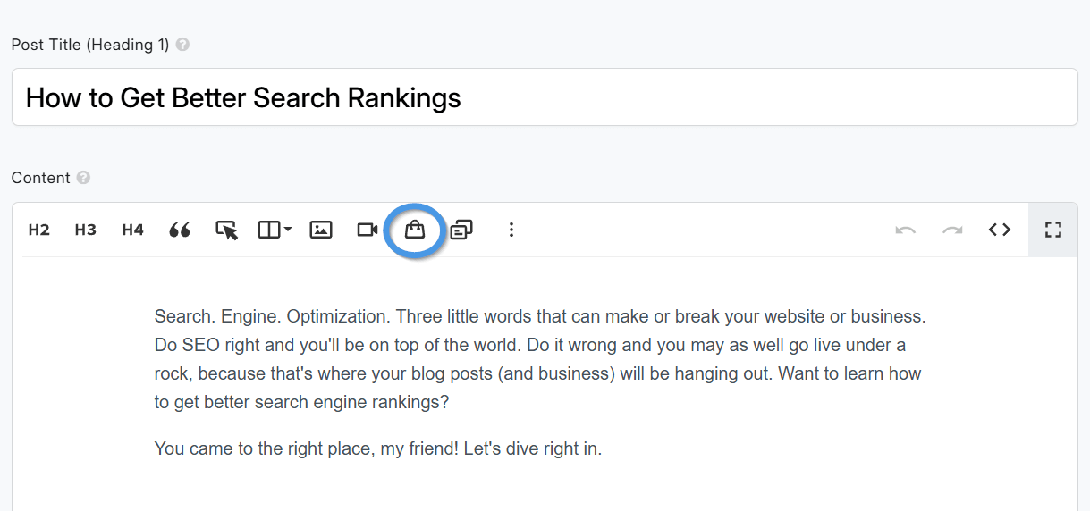 DropInBlog editor with the shopping bag icon highlighted, used to embed products directly into a blog post.
