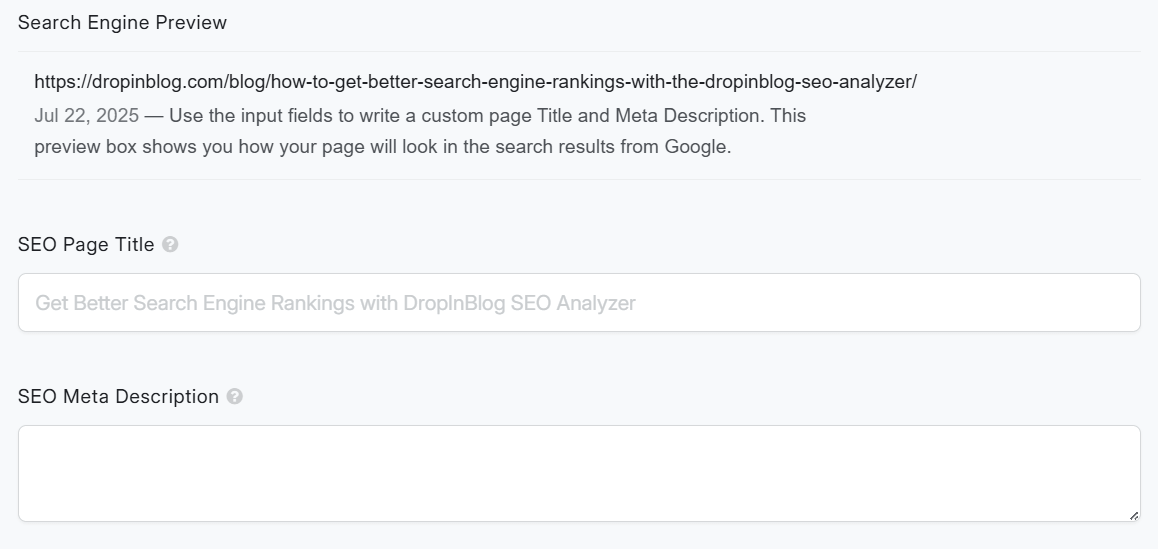DropInBlog search engine preview panel showing a sample URL, preview text, and editable fields for SEO page title and meta description.