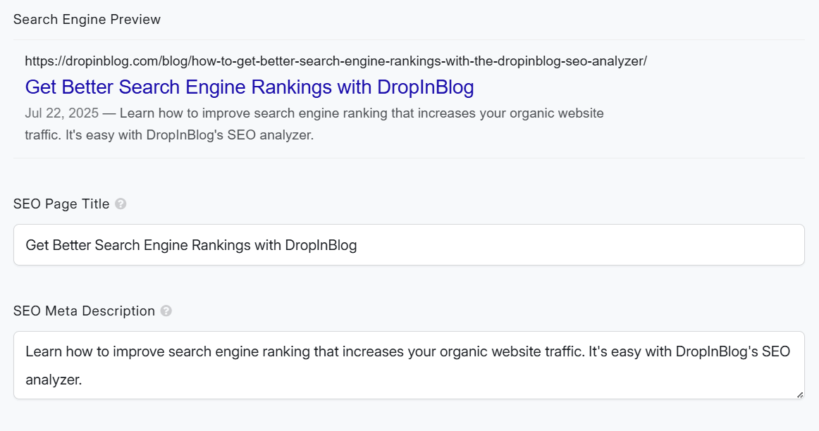 DropInBlog search engine preview showing the final SEO page title and meta description as they will appear in Google search results.