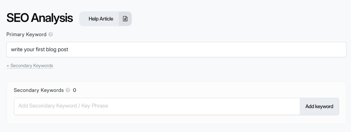 SEO Analysis interface showing fields for entering a Primary Keyword and optional Secondary Keywords.
