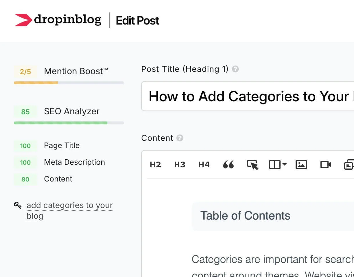 DropInBlog SEO tools panel showing Mention Boost score, SEO Analyzer score, and breakdowns for page title, meta description, and content.