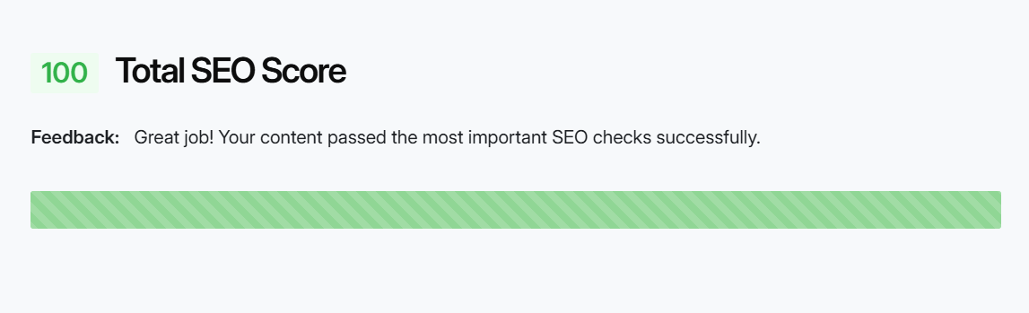 DropInBlog SEO Analyzer showing a perfect total SEO score of 100 with feedback confirming all key SEO checks were passed.