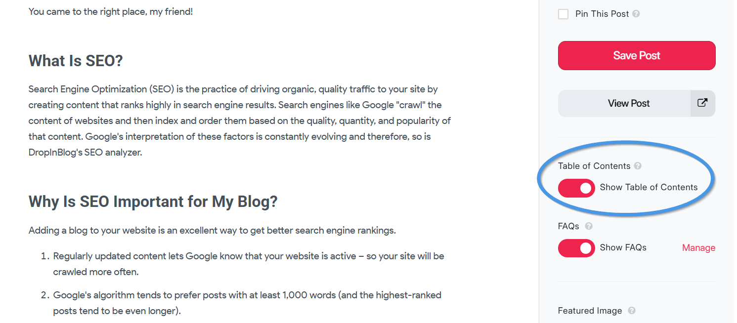DropInBlog editor showing the “Show Table of Contents” toggle switch circled to highlight its activation.