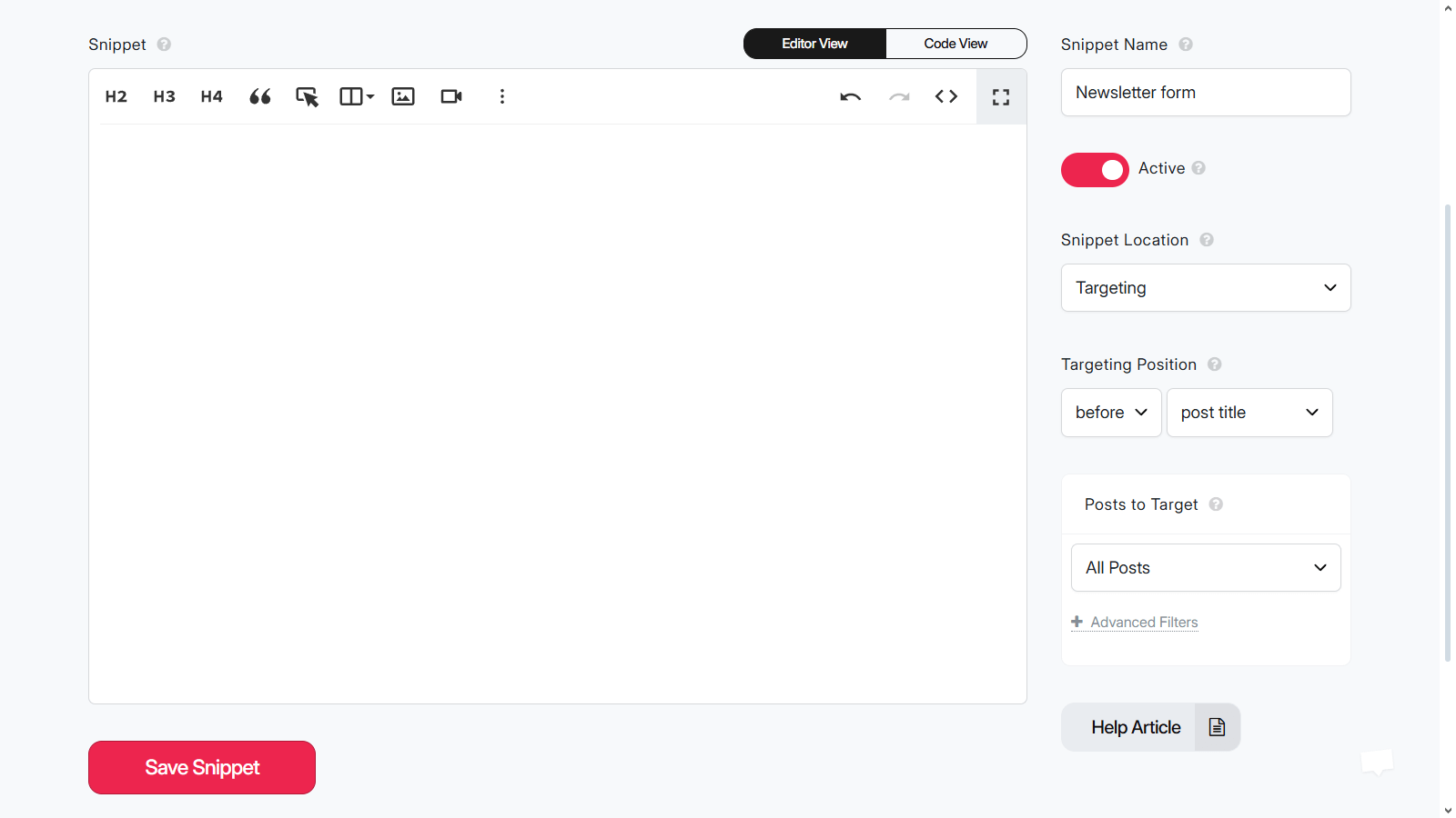 DropInBlog snippet editor with targeting options, position settings, and an active “Newsletter form” snippet ready to be saved.